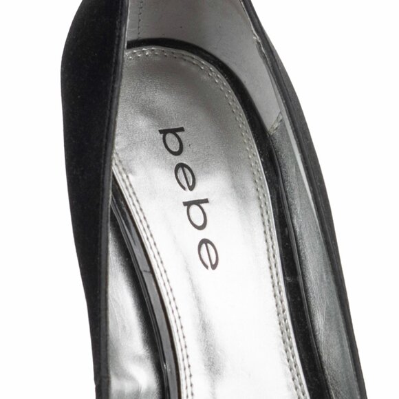 Bebe Black Satin & Patent faux Leather Stiletto Heel Pumps sz 7.5 M - Picture 4 of 13
